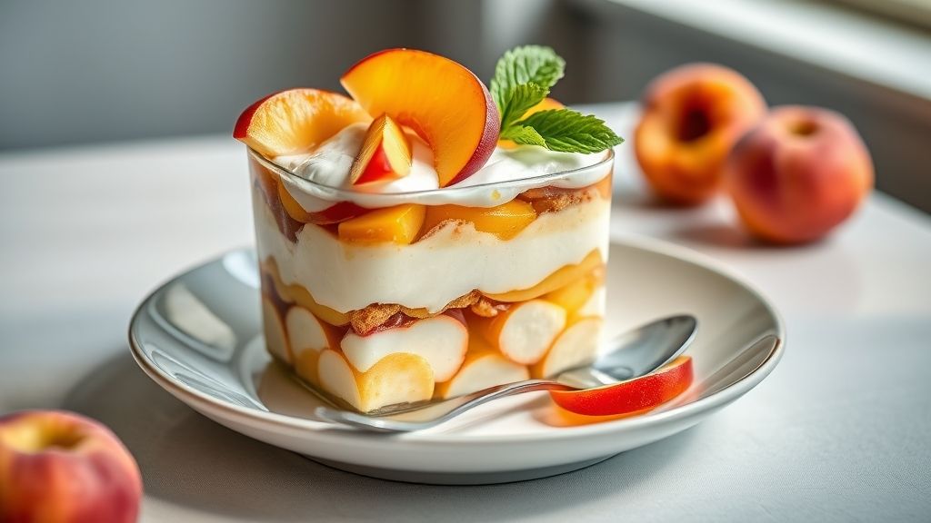 Pavê de pêssego simples em refratário de vidro, decorado com fatias de pêssego e coco ralado