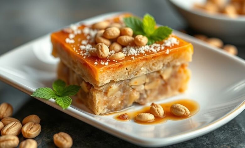 Doce crocante de amendoim em pedaços quadrados, dourado e bem apresentado em prato rústico.