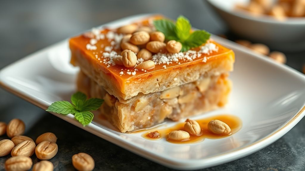 Pé de moleque crocante finalizado em pedaços quadrados, doce tradicional brasileiro feito com amendoim e açúcar.