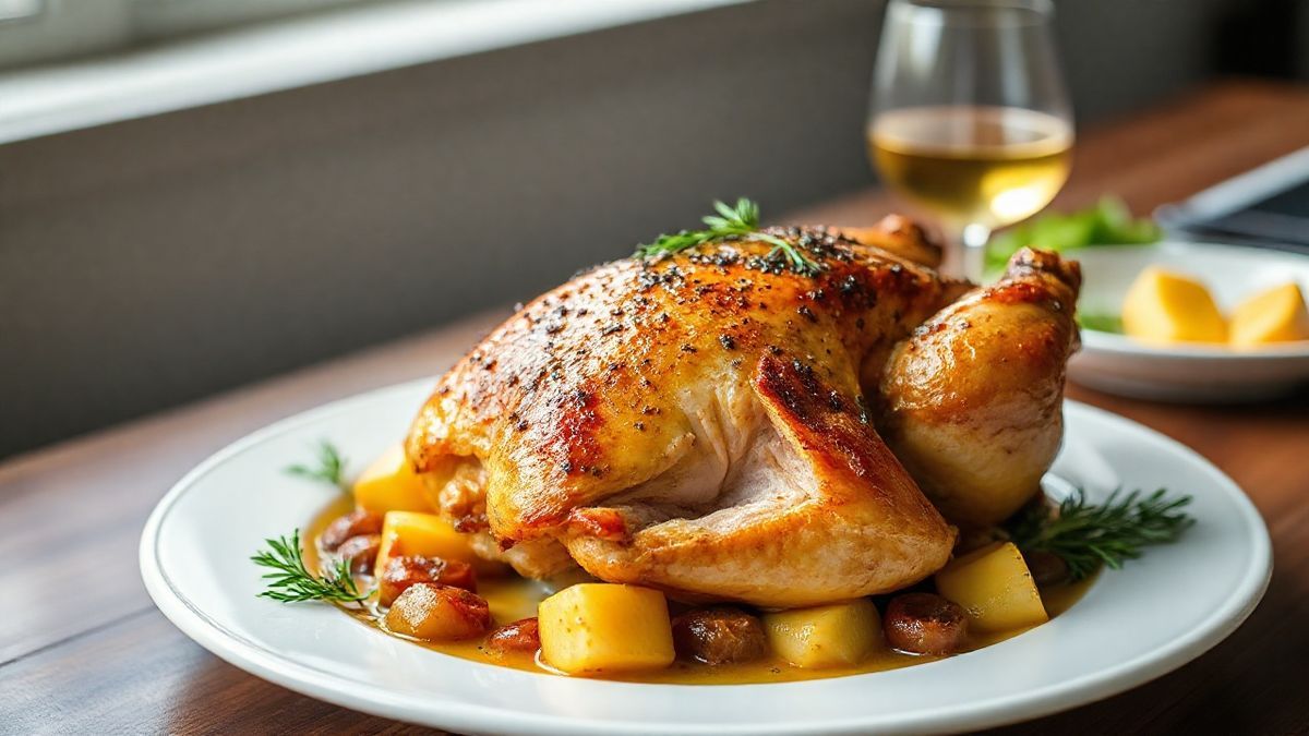 Peru assado dourado e suculento preparado com marinada para peru com vinho branco, servido em travessa elegante para festas.