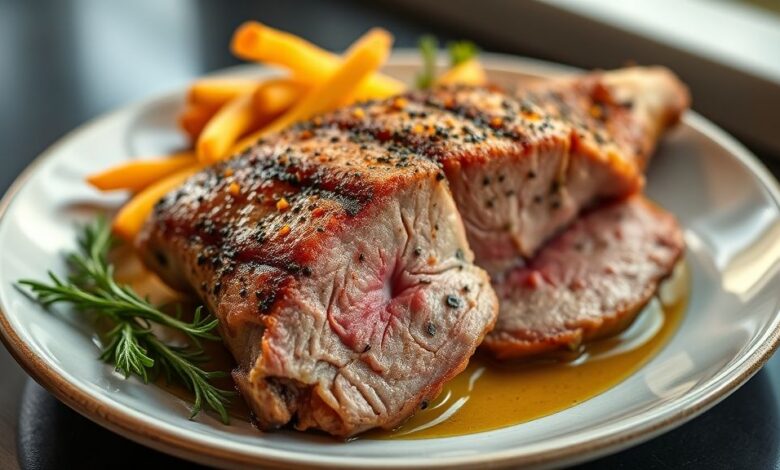 Picanha suína assada no forno, dourada e suculenta, servida fatiada em prato elegante com ervas.