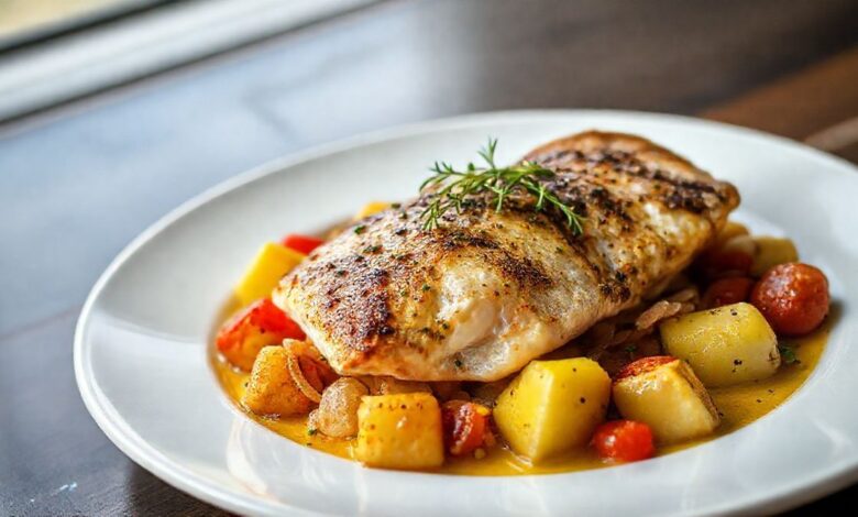 Postas de cação assadas no forno com batatas, cebola e tomate, bem douradas e apetitosas.