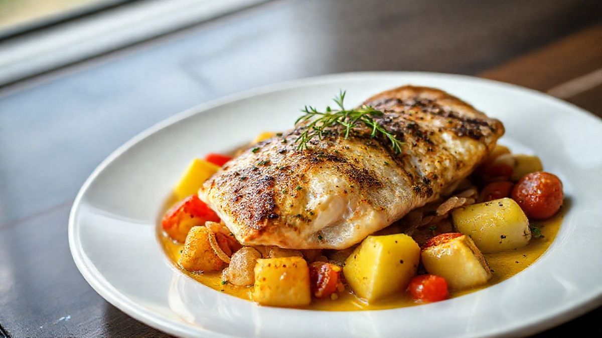 Postas de cação assadas no forno com batatas, cebola e tomate, bem douradas e apetitosas.