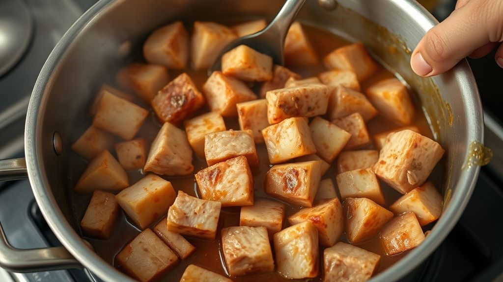Mãos dourando os cubos de carne suína em uma panela funda durante o preparo da receita