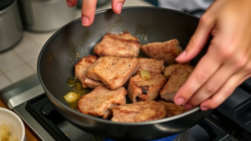 Mãos selando a carne de porco em uma frigideira antes de levar ao forno.