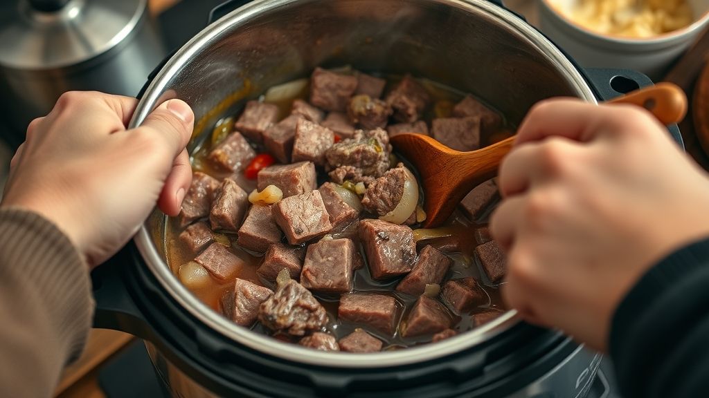 Cozinheiro dourando cubos de carne na panela de pressão, com colher de pau mexendo o refogado.