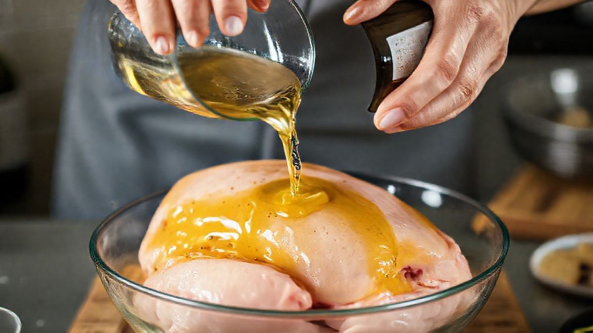 Mãos misturando a marinada em tigela funda antes de despejar sobre o peru cru.