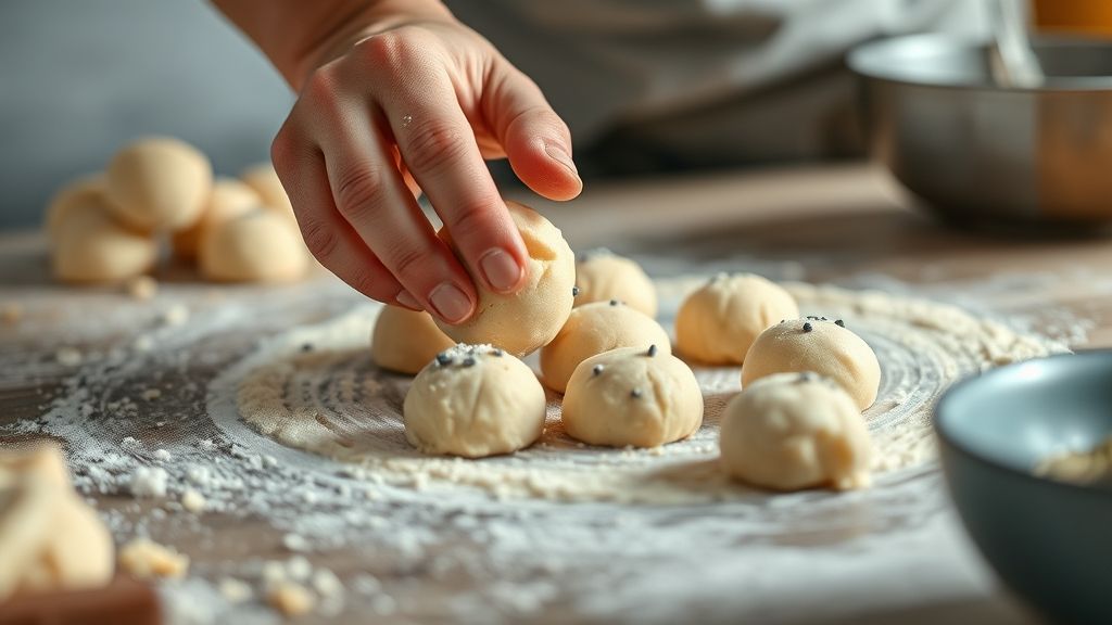 Mãos modelando pequenas bolinhas da massa do biscoito de goma em assadeira