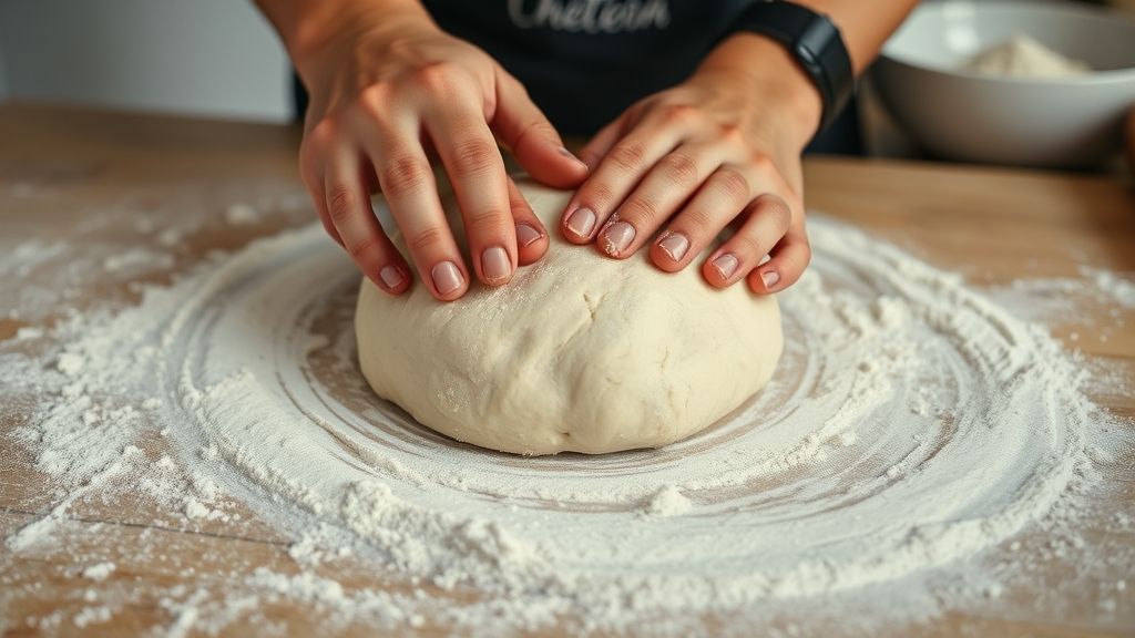 Mãos sovando a massa de pizza em superfície enfarinhada durante o preparo