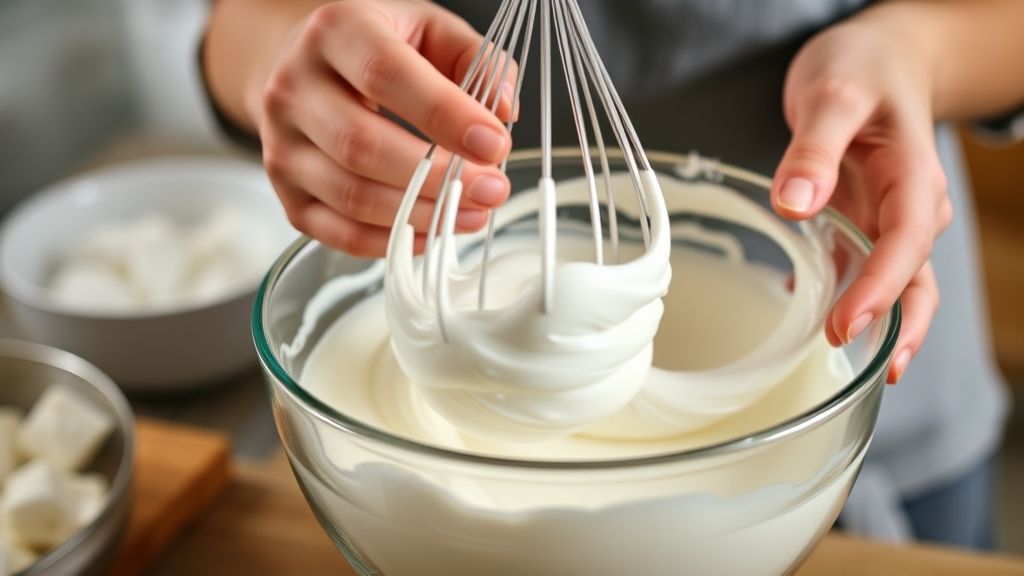 Mãos batendo claras em neve em uma tigela, etapa fundamental para a leveza da massa.