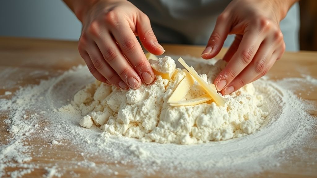Mãos misturando farinha com banha em uma tigela durante o preparo da massa