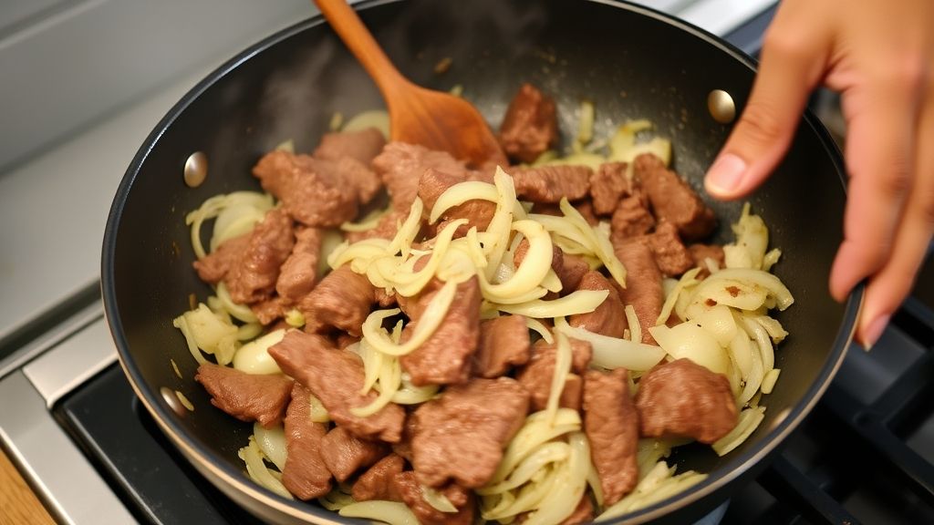 Mãos refogando cebola e tiras de alcatra em frigideira quente.