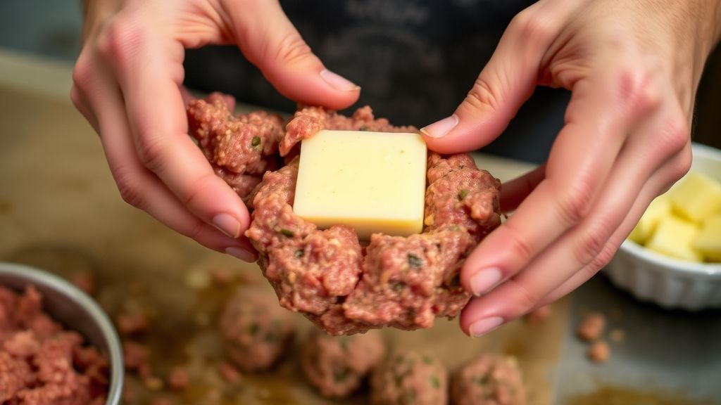 Mãos modelando a carne e colocando o cubo de queijo no centro da almôndega.