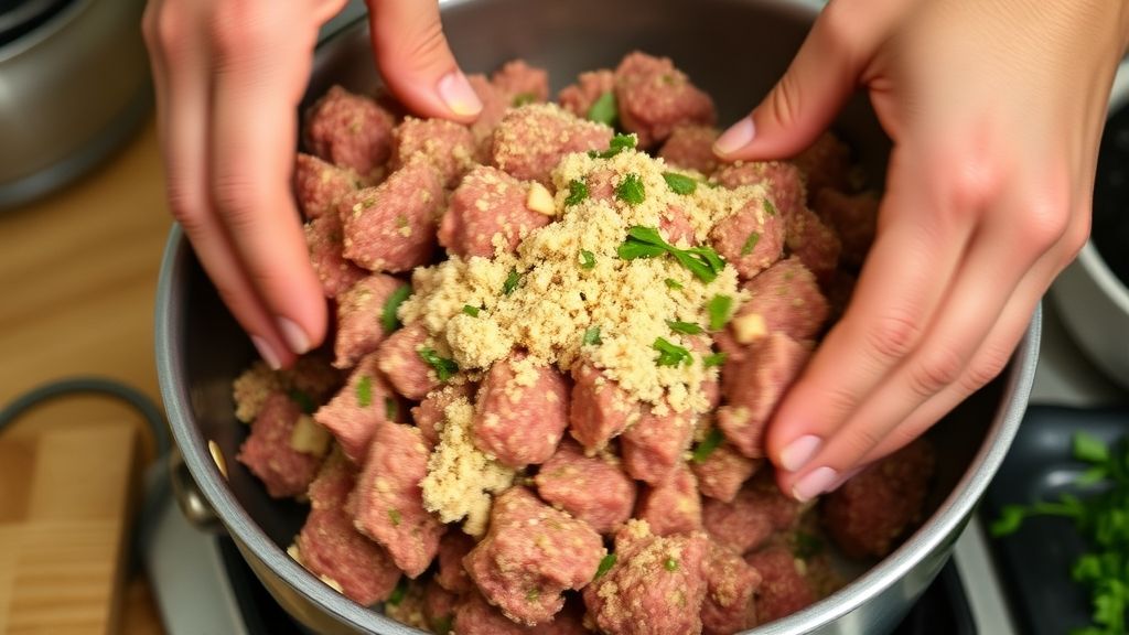 Mãos misturando a carne com temperos durante o preparo da massa das almôndegas sem ovo.
