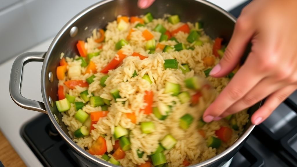 Mãos refogando legumes coloridos em uma frigideira durante o preparo