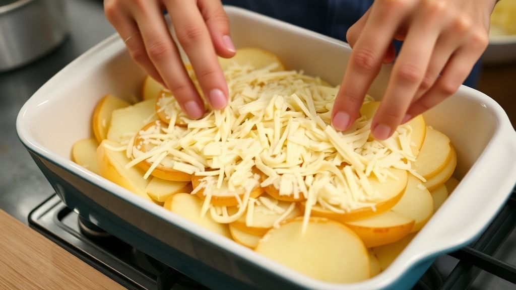 Mãos arrumando camadas de batata fatiada com queijo e creme em refratário.