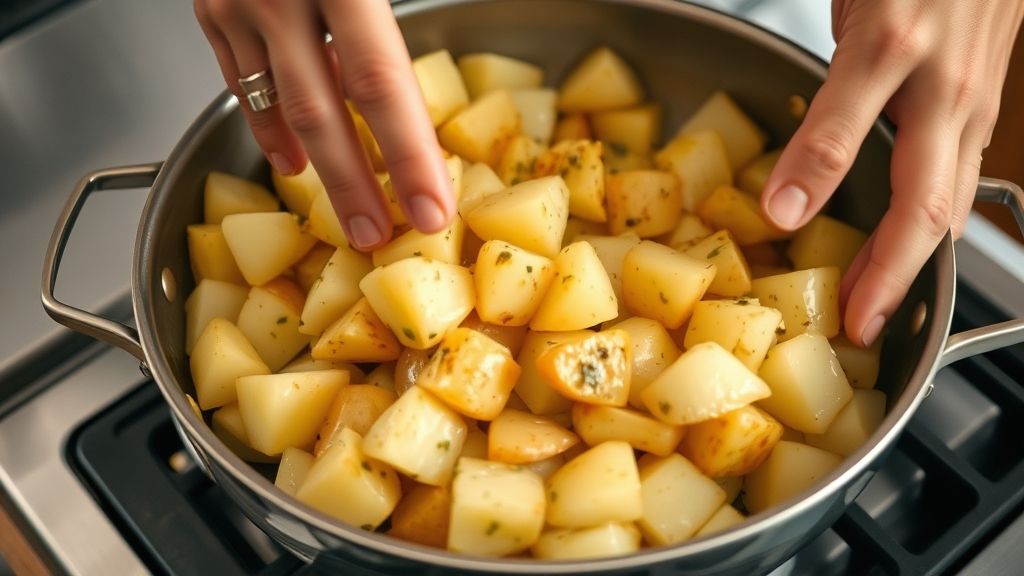 Mãos salteando batatas douradas em uma frigideira larga com manteiga e alho