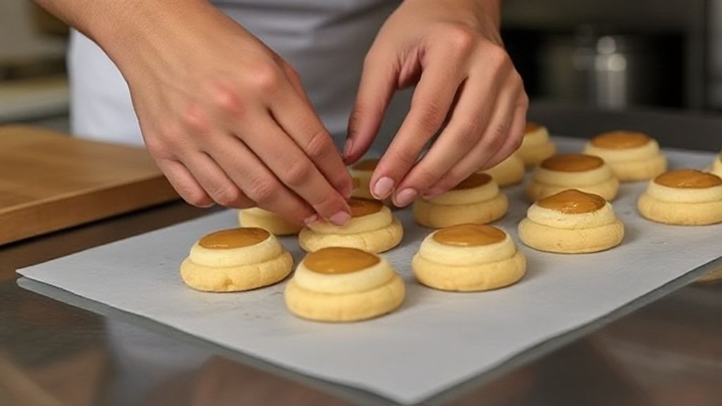 Mãos montando os discos de massa e recheando o bem-casado com doce de leite