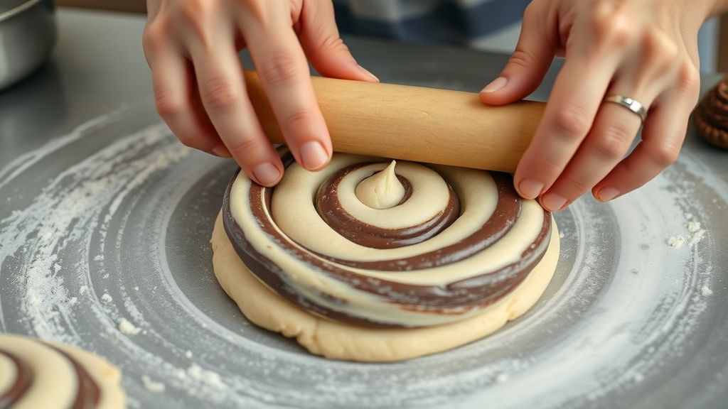 Mãos abrindo e moldando as massas bicolores em formato espiral antes de resfriar