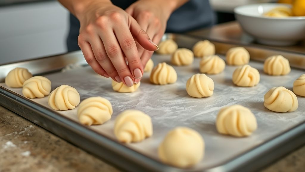 Mãos modelando bolinhas de massa de biscoito sobre assadeira antes de assar