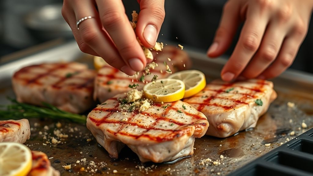 Mãos temperando bistecas de porco na marinada com alho, limão e ervas frescas