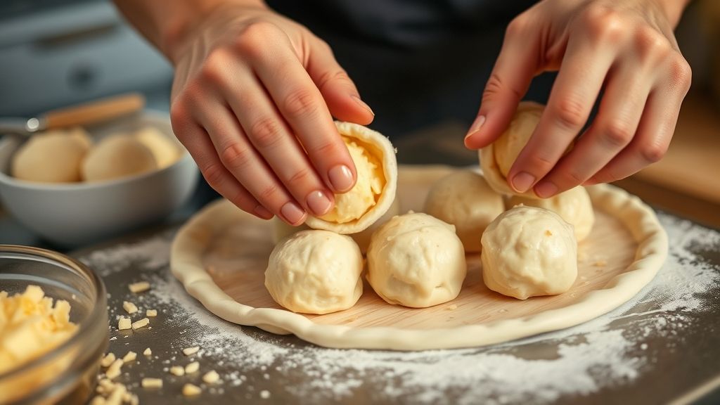 Mãos moldando a massa e recheando com queijo antes de empanar, em ambiente de cozinha caseira.