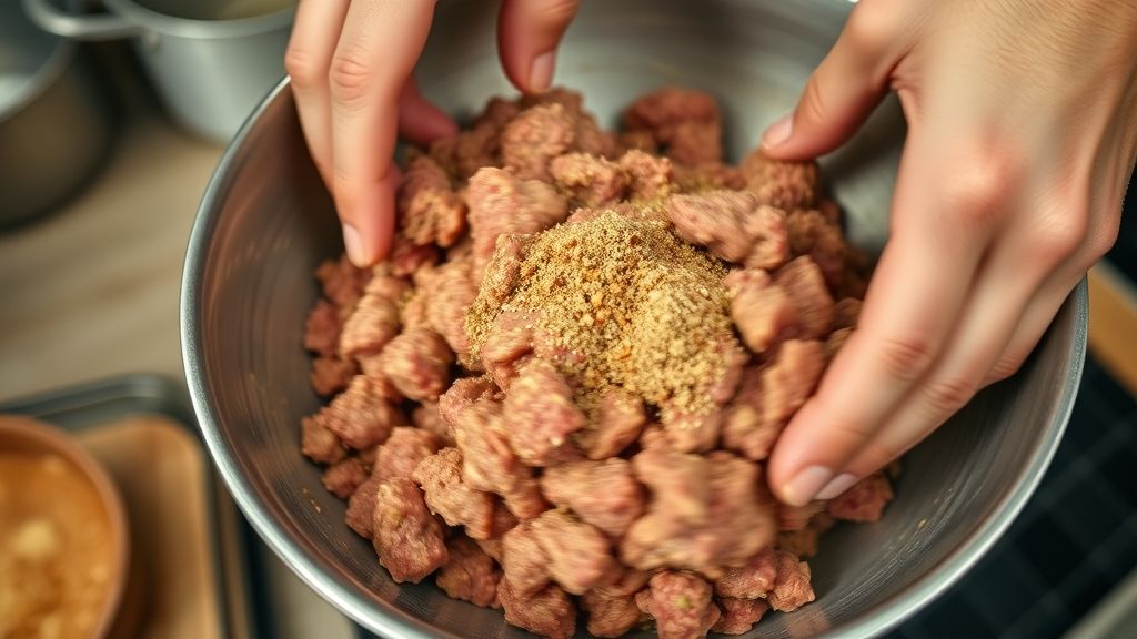 Mãos misturando carne moída em tigela com temperos durante o preparo.
