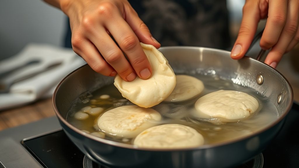 Mãos moldando e fritando os bolinhos na panela com óleo quente