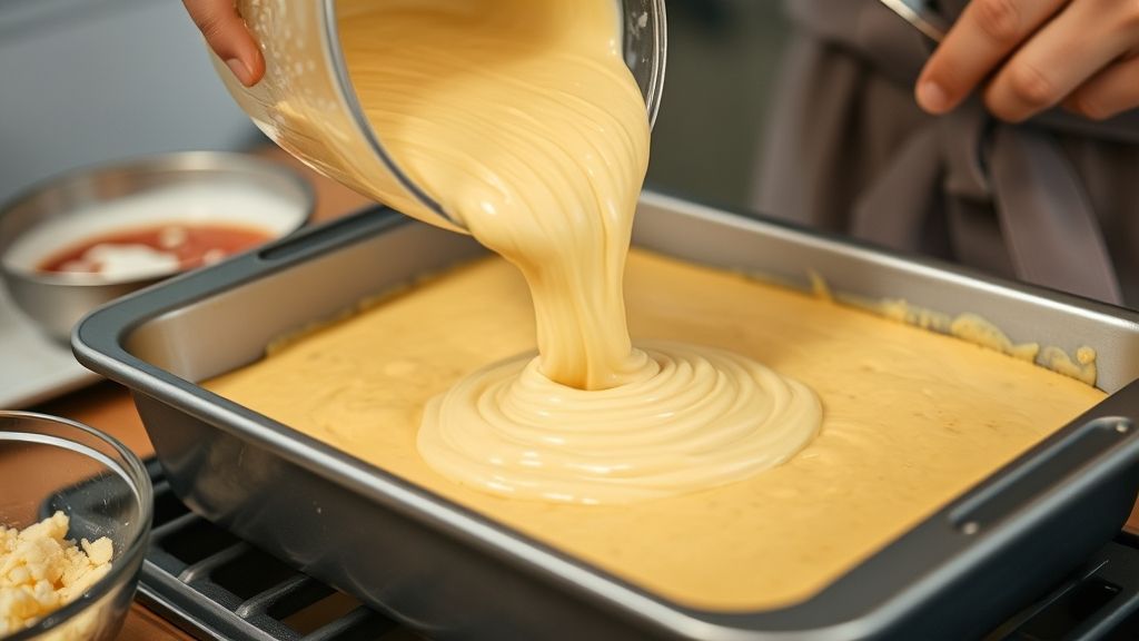 Mãos despejando a massa do liquidificador em uma forma untada antes de levar ao forno
