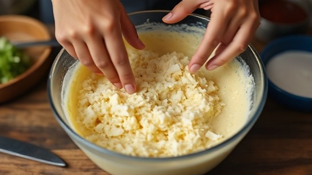 Mãos misturando a massa cremosa de aipim em tigela, durante o preparo do bolo