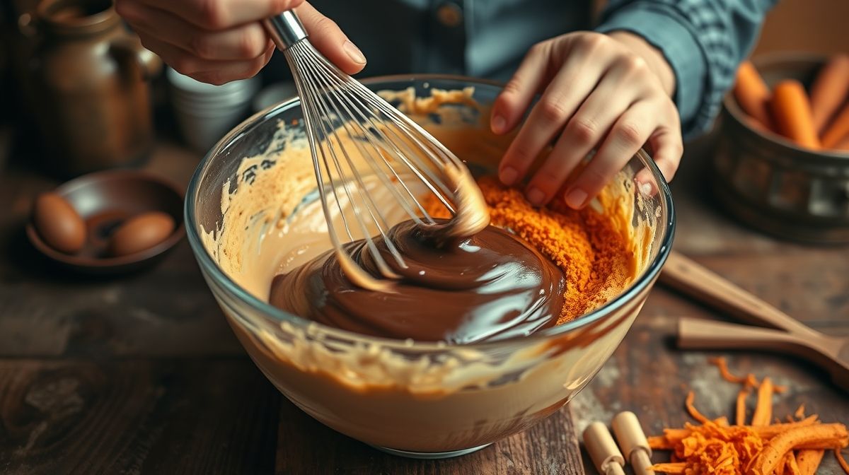 Mãos misturando a massa do bolo de cenoura em uma tigela