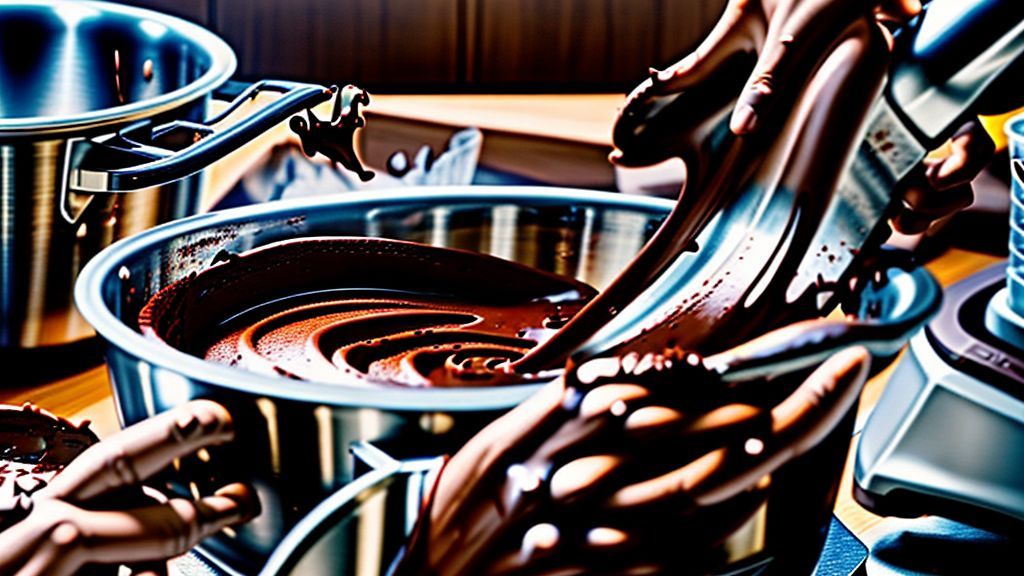 Mãos despejando massa de chocolate do liquidificador na forma untada