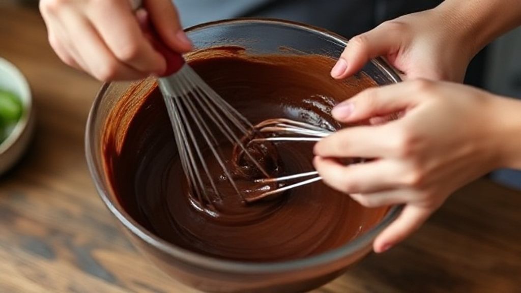 Mãos misturando a massa de chocolate em tigela durante o preparo