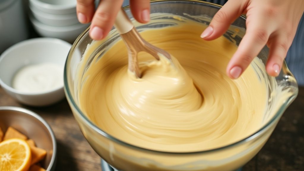 Mãos misturando os ingredientes em uma tigela durante o preparo da massa de bolo de fubá com laranja