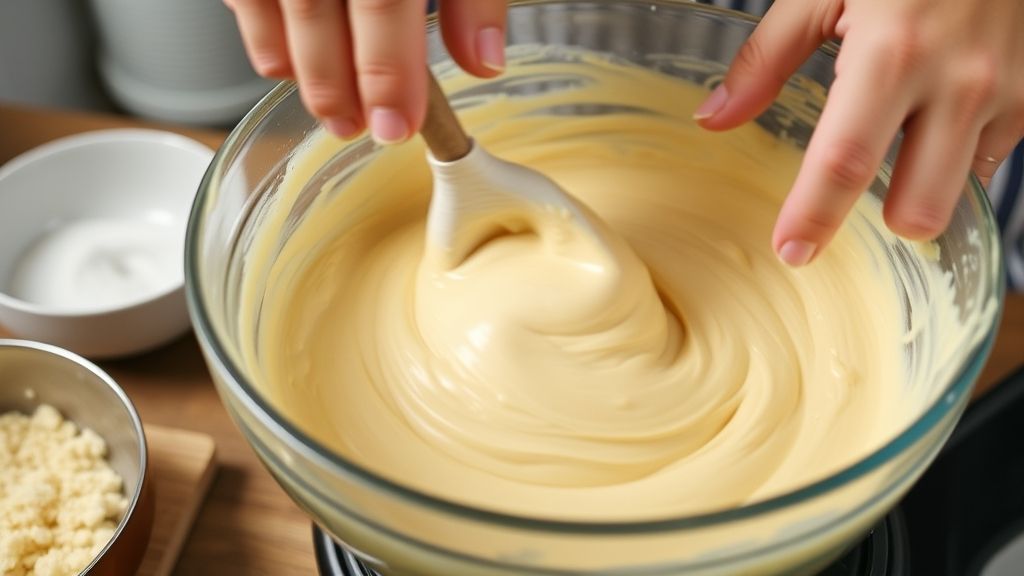 Mãos batendo a massa do bolo em tigela de vidro, mostrando textura leve