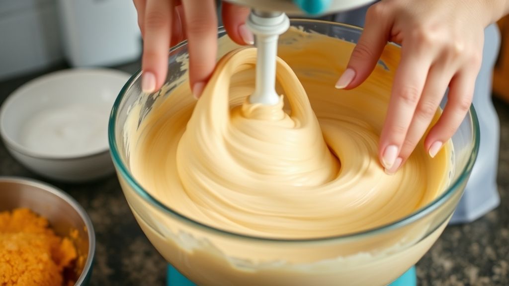 Mãos misturando a massa do bolo de laranja em tigela durante o preparo