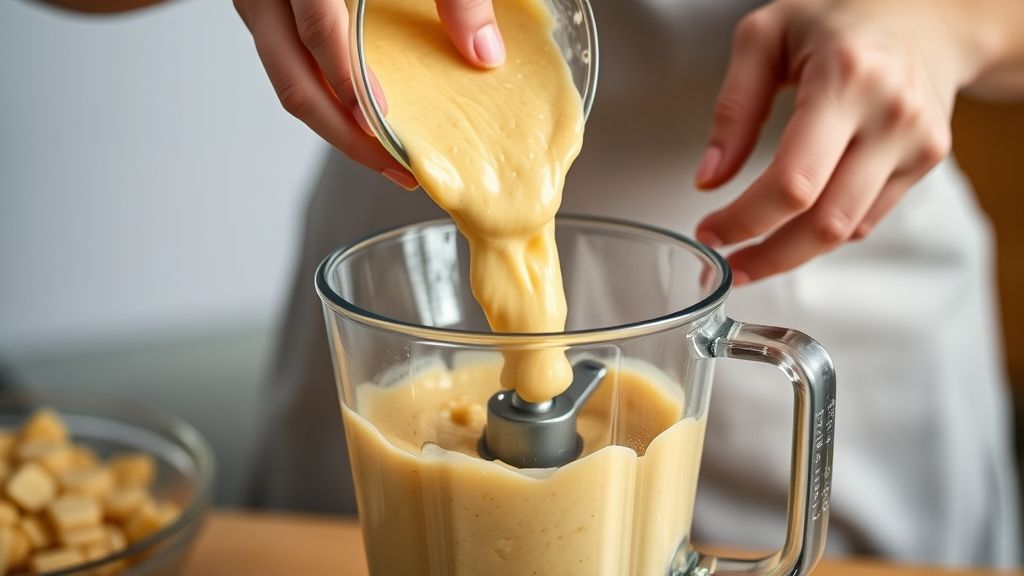 Mãos colocando a massa do bolo no liquidificador, mostrando a etapa principal do preparo.