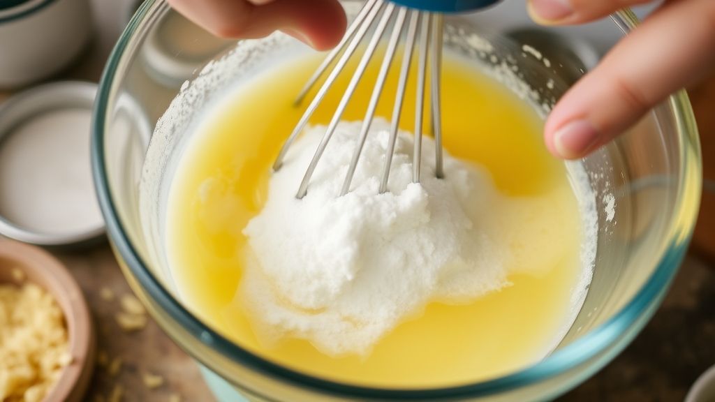 Mãos batendo ovos e açúcar em tigela, destacando o começo do preparo da massa fofa.