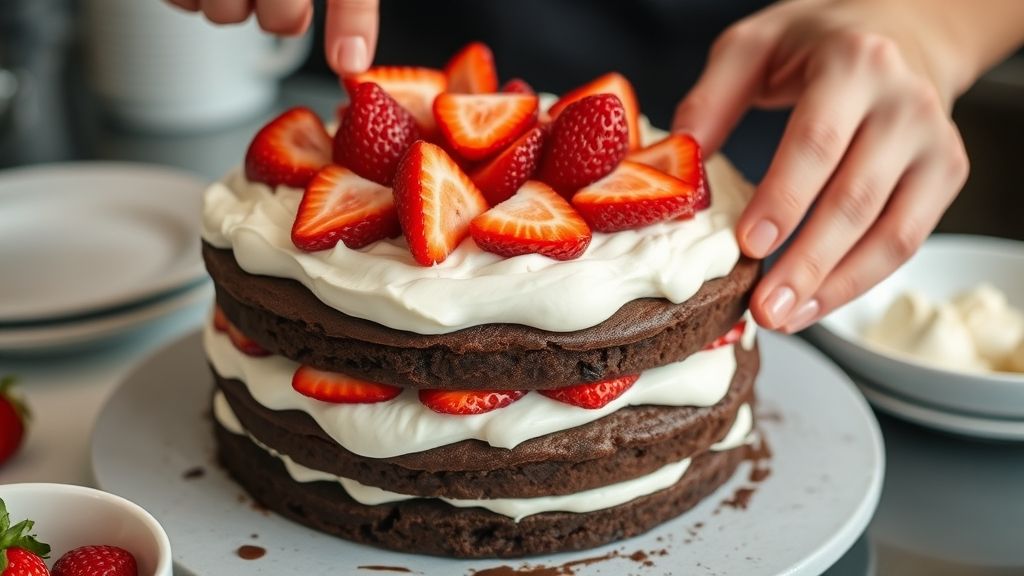 Mãos cortando o bolo de chocolate e espalhando chantilly com morangos frescos no recheio.