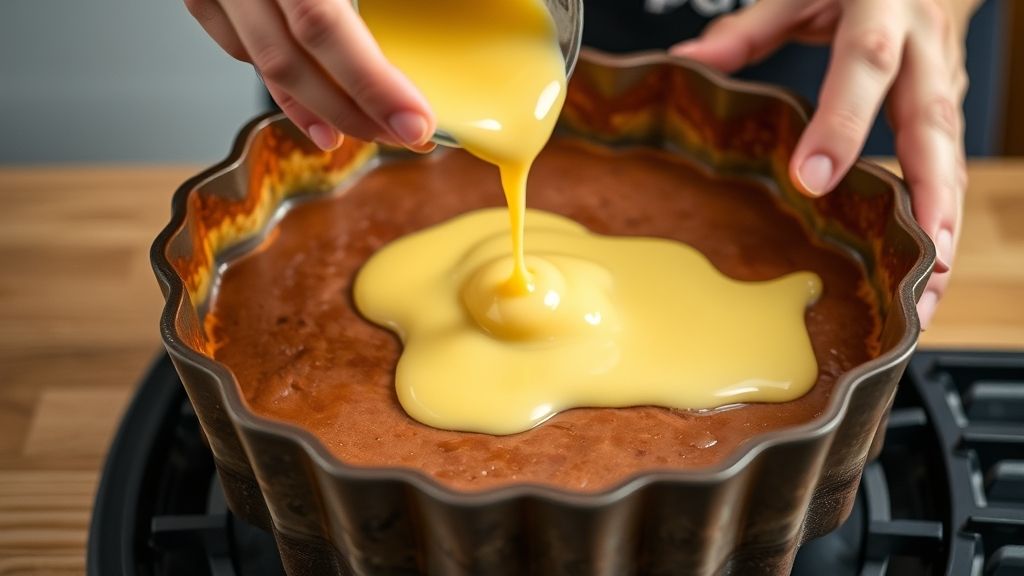 Mãos despejando a mistura do pudim sobre a massa de bolo na forma caramelizada