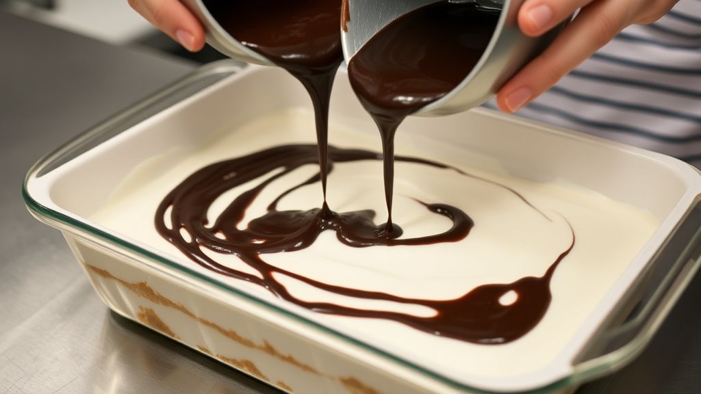 Mãos despejando ganache de chocolate sobre o creme branco em travessa, mostrando uma etapa crucial da montagem.