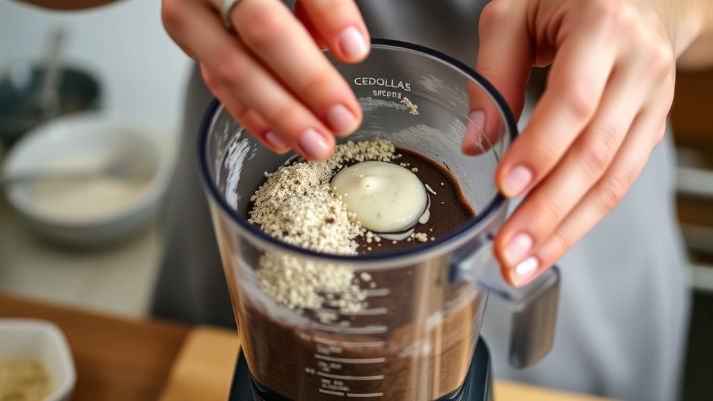 Mãos batendo os ingredientes do brigadeiro de forno no liquidificador antes de assar.