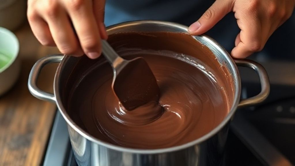 Mãos mexendo a mistura cremosa do brigadeiro em uma panela no fogão.