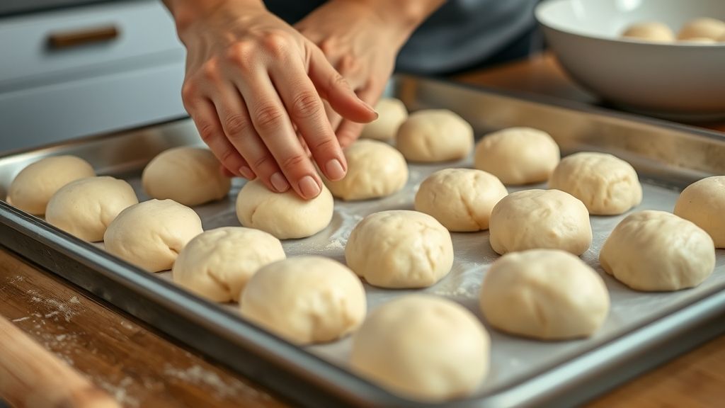 Mãos modelando bolinhas de massa de fubá em uma assadeira antes de assar