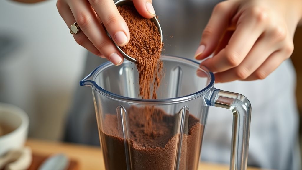 Mãos adicionando o achocolatado Nescau no liquidificador durante o preparo da massa.