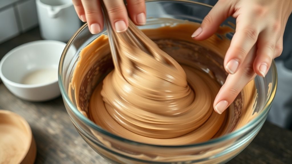 Mãos misturando a massa do brownie de Nescau em uma tigela, mostrando a etapa de preparo