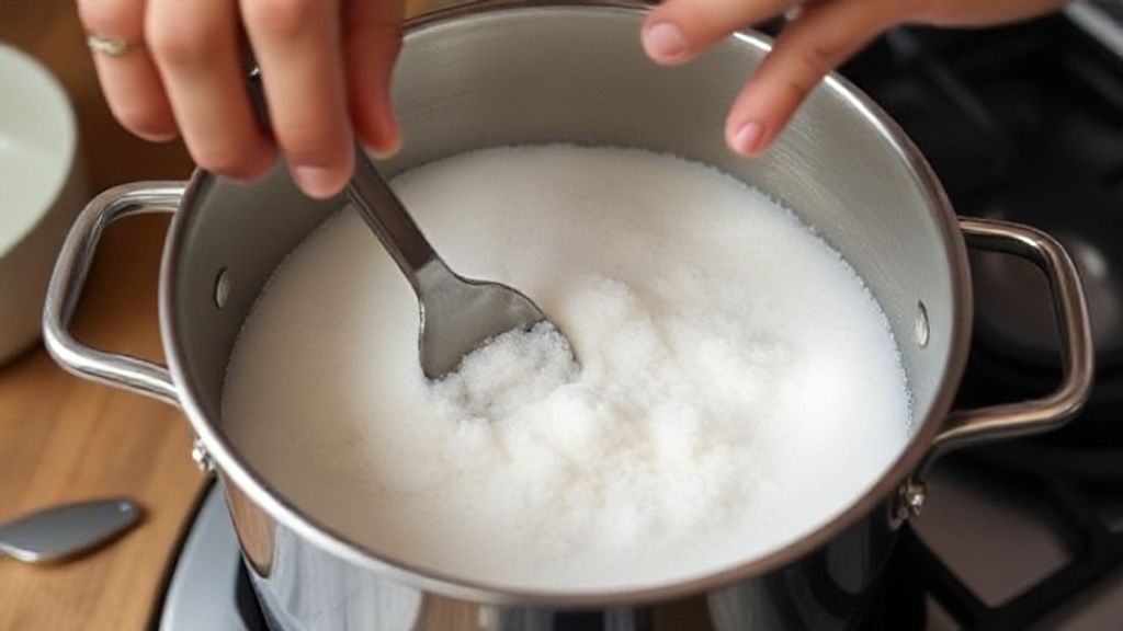 Mãos mexendo panela com açúcar e água no início do preparo da calda.
