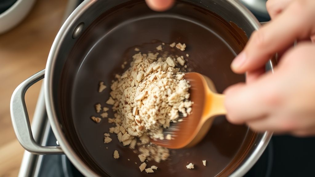 Mãos misturando os ingredientes da calda em uma panela durante o cozimento.