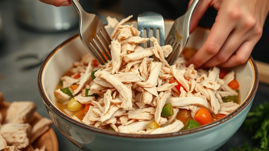 Mãos desfiando o frango cozido antes de retornar ao caldo.