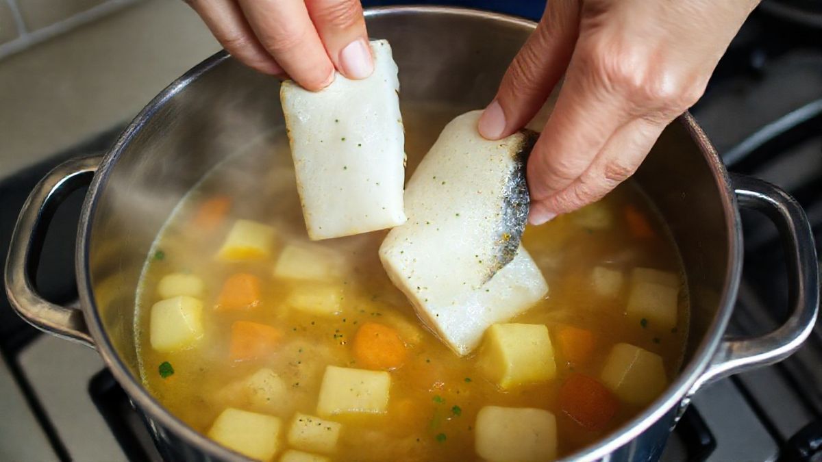 Mãos adicionando postas de peixe na panela durante o preparo do caldo de peixe com batata